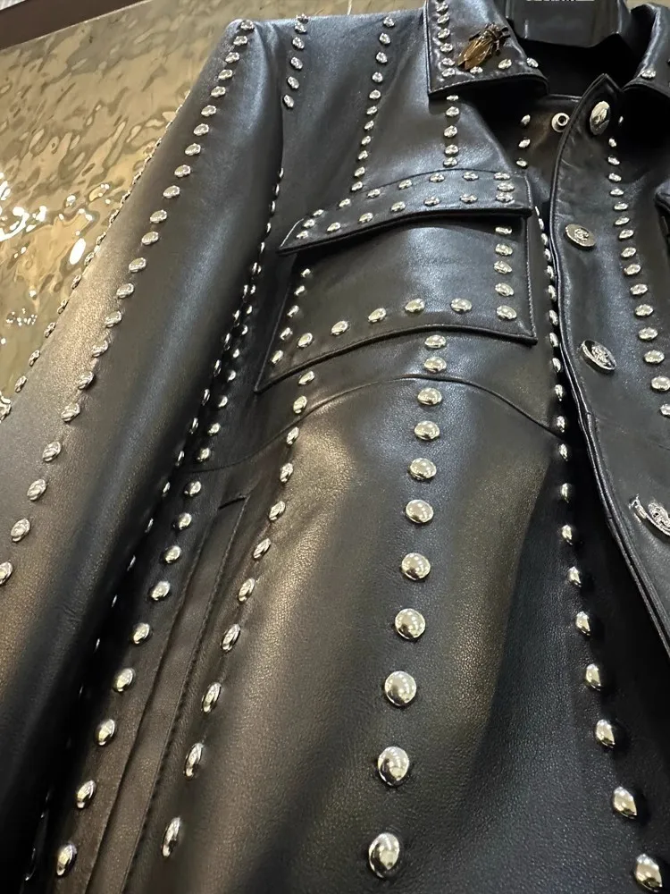 Handmade Rivets Studded Sheepskin Genuine Leather Jacket Men Single Breasted New Designer Punk Stage Show Coat Motorcycle Jacket