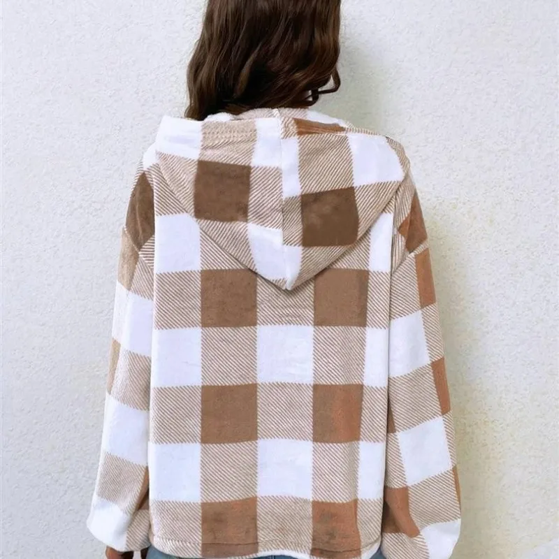 Autumn and Winter Women's Pullover Solid Plaid Half Open Collar Button Hooded Loose Fit Sweater Fashion Elegant Commuter Tops