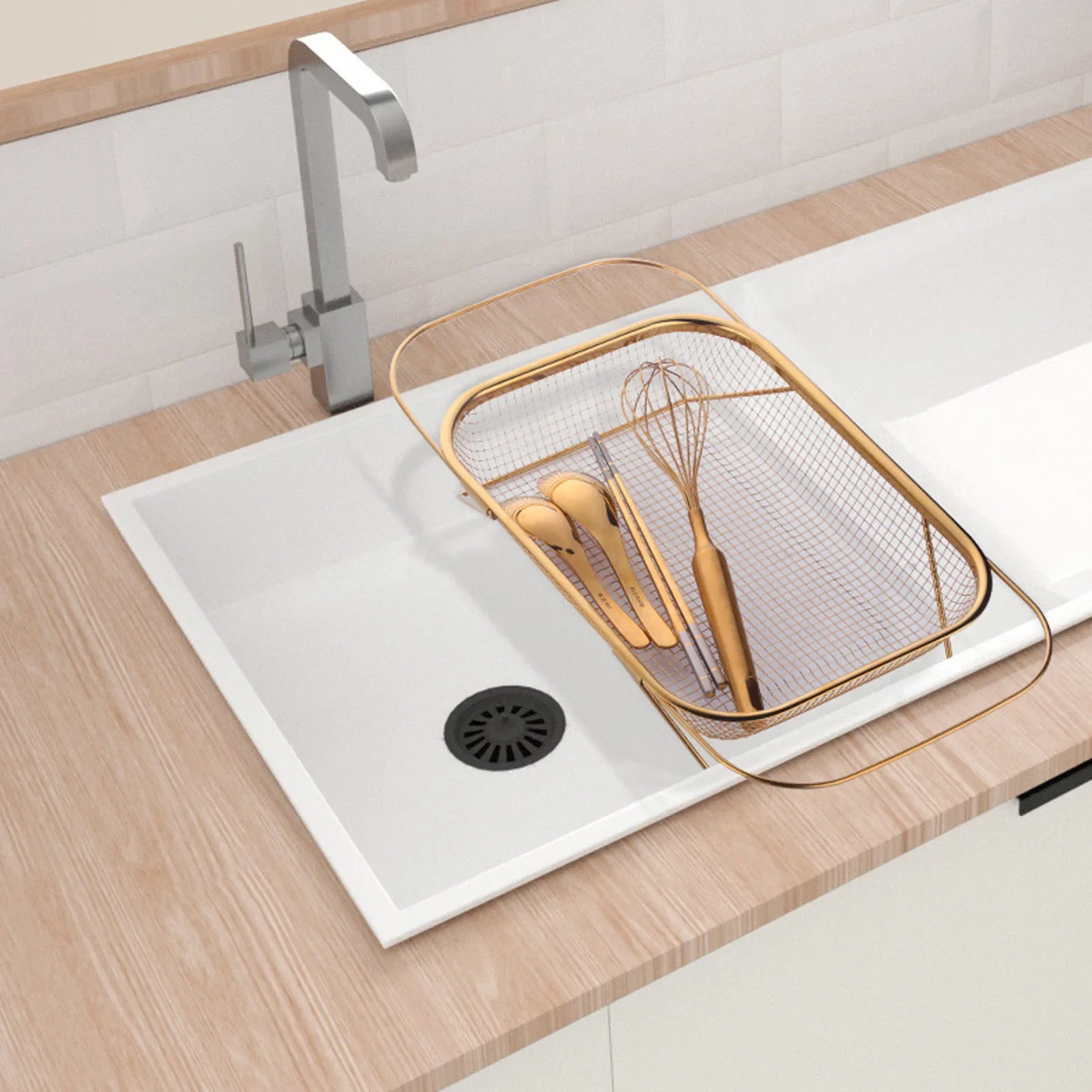 Kitchen Drainage Basket, Stainless Steel Expandable Rectangular Mesh Drainer, Sink Strainer Basket Over The Sink Colander