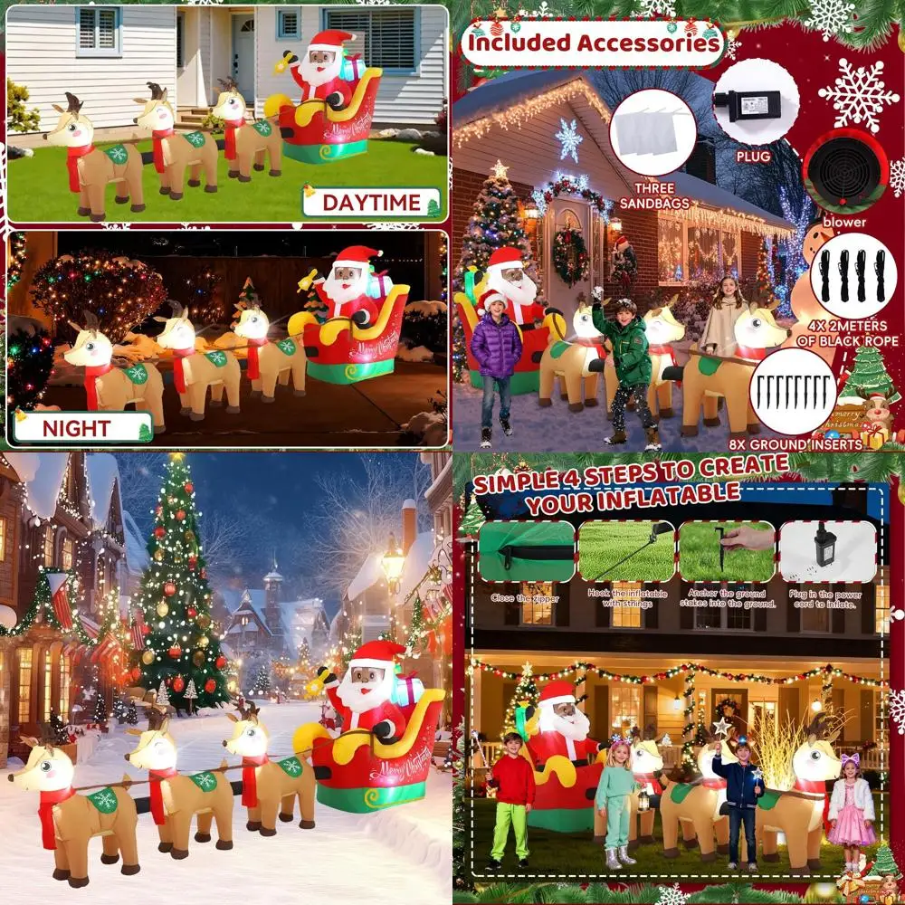 

12-футовые высокие сани Санта-Клауса для улицы, надувные со светодиодной подсветкой для рождественских и зимних украшений