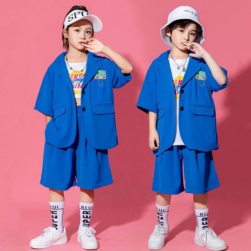 Modern Hip Hop Dance Clothes For Kids Blue Short Sleeved Suit Girls Boys Jazz Performance Outfit Concert Festival Outfit BL8642