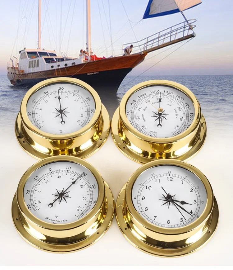 4 pcs/set Brass Case Traditional Weather Station Barometer Temperature Hygrometer and Tide Clock 145mm Large size