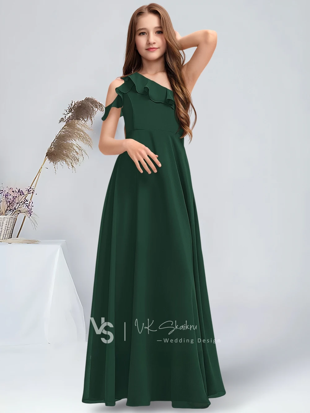 A A-line One Shoulder Floor-Length Chiffon Junior Bridesmaid Dress Cascading Ruffles Stormy Flower Girl Dress Communion Dress