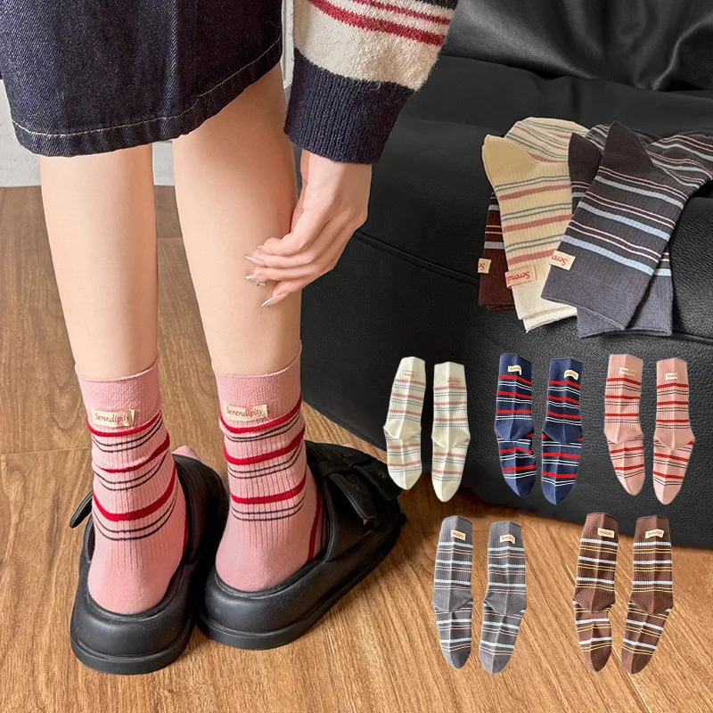 Striped Socks Women Color Matching Cloth Label Medium Tube Socks Japanese JK School Students Knitted Cotton Elastic Long Socks
