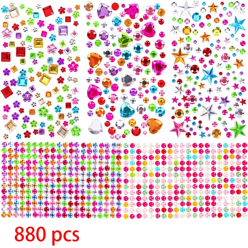 880 Stück Edelstein-Perlen-Aufkleber, Strasssteine zum Basteln, selbstklebende Juwelen, Acryl, DIY-Handwerk, dekorative Diamant-Aufkleber für Mädchen und Kinder