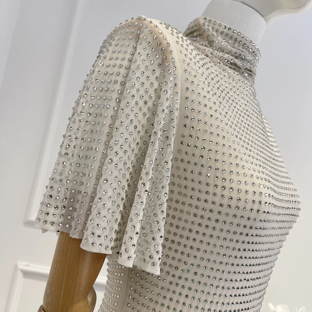 

2025 New Beautiful Beige Short Sleeve Diamonds Long Maxi Dress