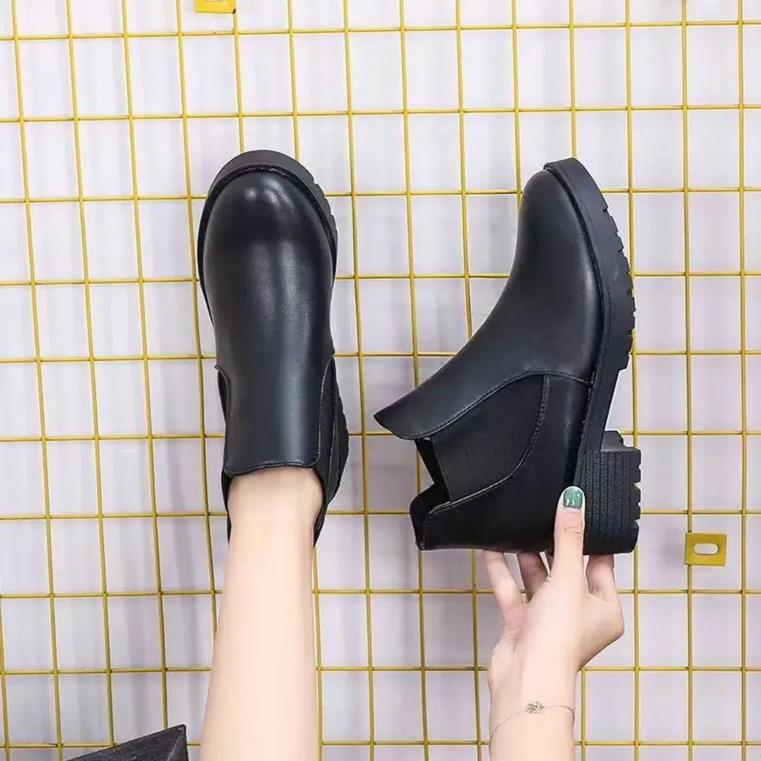 أحذية تشيلسي سوداء عالية الارتفاع للسيدات للخريف والشتاء، أحذية مارتن كاجوال ومريحة، أحذية قصيرة مرنة