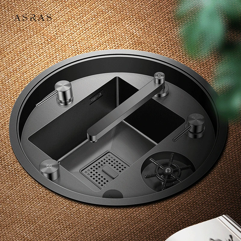 ASRAS Hidden Circular Mini Kitchen Island Sink SUS 304 Stainless Steel Nanometer 4mm Thickness Handmade Sinks Cup Rinser Sinks