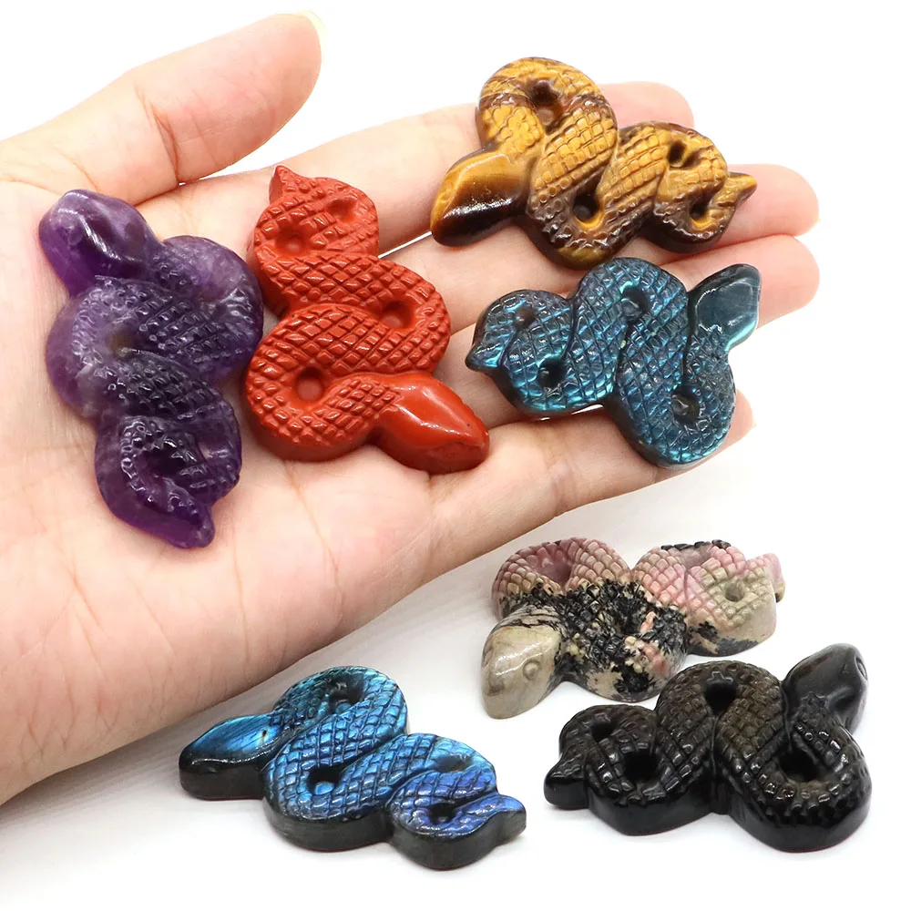 

2" Snake Statue Natural Stone Labradorite Tiger Eye Healing Crystal Animal Figurine Gemstone Carving Crafts Home Room Decor Gift