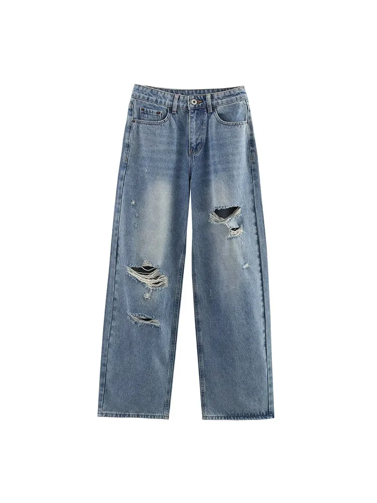 

European and American style spring new women's clothing hole decoration fashion casual cotton loose jeans