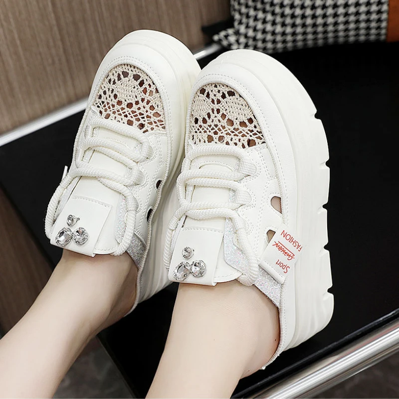 Summer Shoes Woman 2024 Trend Casual Platform Slipper Sandals Women Bling Luxury High Heel Breathable Closed Toe Shoes Footwear