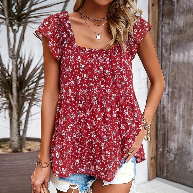 

Plus Size Women's Shirts, Floral Print Square Collar Layered Shirts, Loose Fit, Suitable for Work Clothing and Vacation