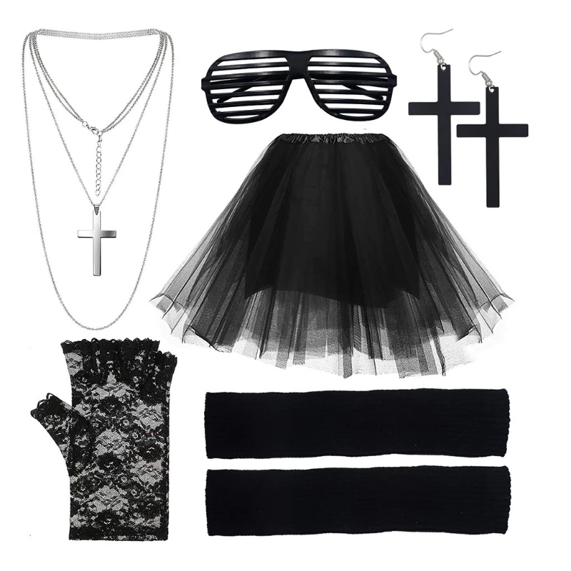 

Halloween dance party accessories cross necklace earrings lace gloves blinds glasses gauze skirt set