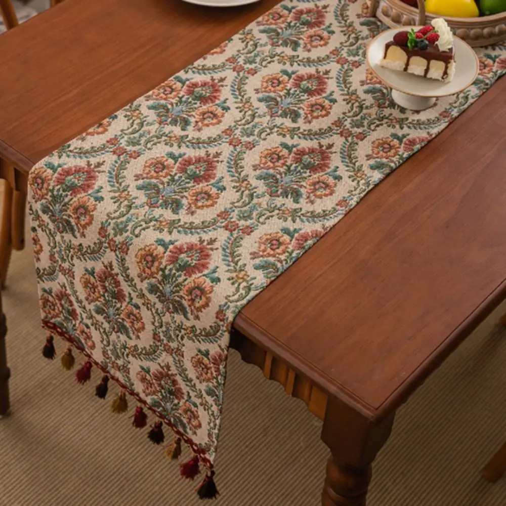 

Elegant Vintage Jacquard Table Runner Flower Pattern with Tassel Tablecloth Thickened Table Cover Dinner Party