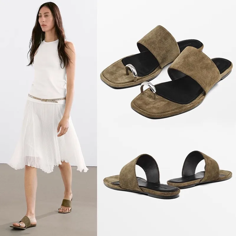 

Mrxmus dutit Fashion Women's Flat Sandals Minimalist Genuine Leather Sandals Women Vintage Elegant Roman Flip Flops Shoes