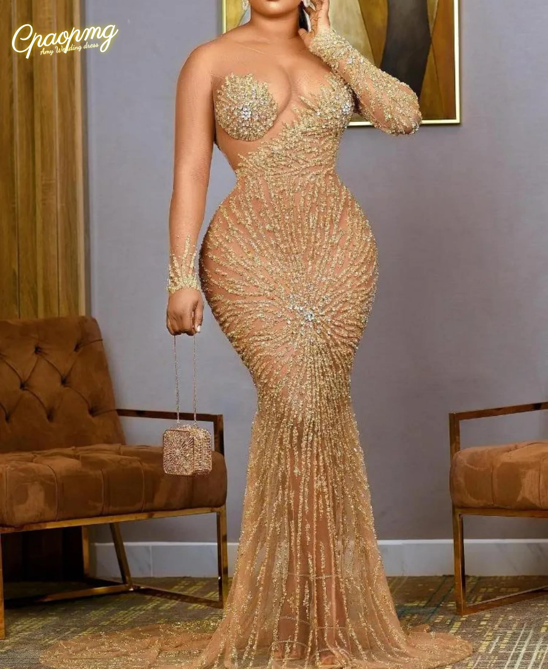 

Золотое блестящее платье для выпускного вечера с блестками по индивидуальному заказу, иллюзия с длинным рукавом, вечерние платья русалки с скользящим шлейфом для особых случаев