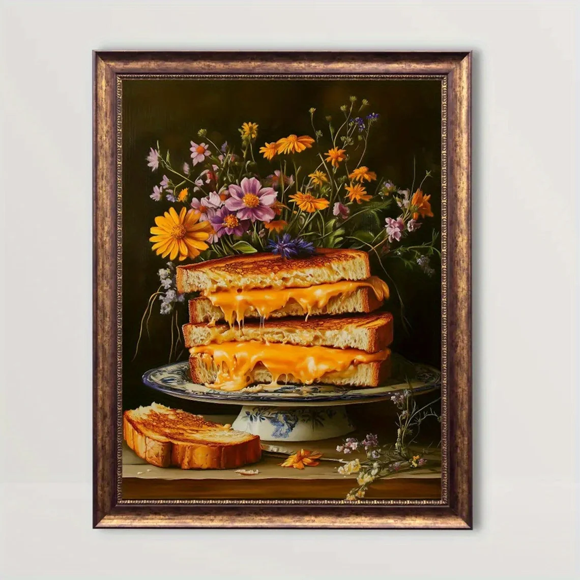 2D Flat, 2D Flat, 1pc Wall Decor, a Retro Poster Featuring Delightful Grilled Cheese Artwork, a Whimsical Food-Themed Floral