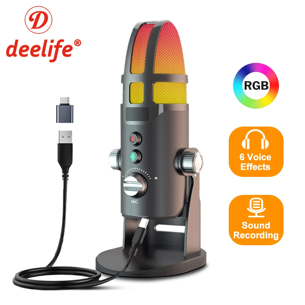 Deelife USB Condenser Microphone for PC Mobile Phone Streaming Podcasting RGB Gaming Mic