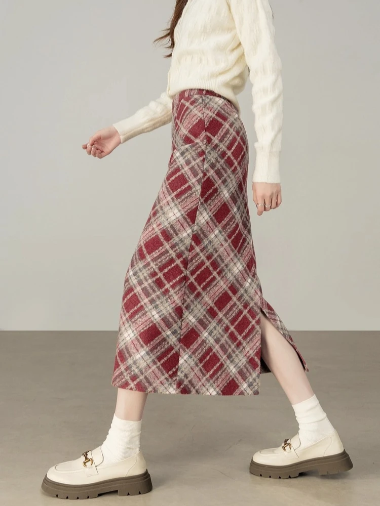SENTUBILA レディース ロングストレート Aライン ウールスカート 2025 冬 ブリティッシュ ウール混 厚手 通勤 カジュアル チェック柄スカート 154QN2631
