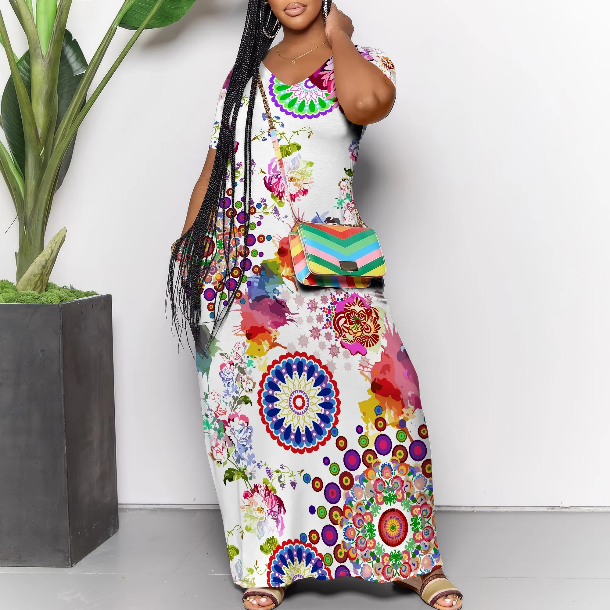 

Women's Geometric Maxi Dress Flowy Loose Fit Modern Casual Outdoor