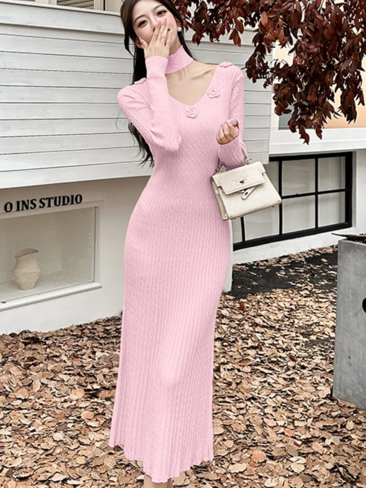 Autumn Winter Floral Knitted Dresses for Women V-Neck Long Sleeve Korean Fashion Bodycon Casual Solid Dress Slim Vestidos Mujer