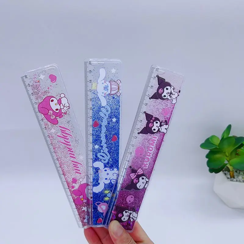 Sanrio 12pcs Stationery Ruler Kawaii Kuromi Creative Cartoon Modeling Quicksand Ruler Cute High-Value Students 20cm Stationery