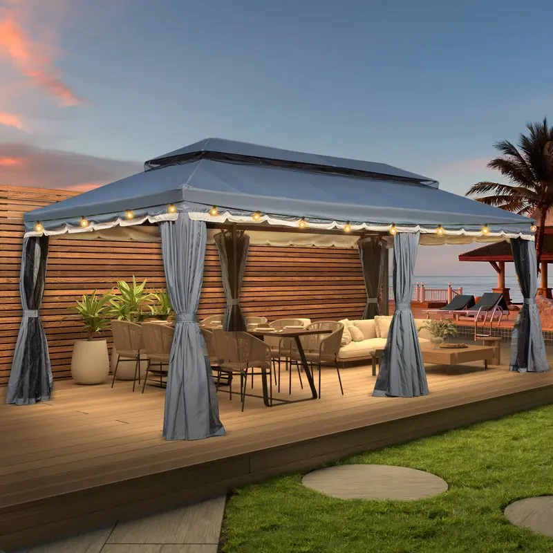 

EROMMY Открытая беседка с навесом 10 футов x 20 футов, металлическая беседка с сеткой и шторами для сада, патио, навеса для вечеринки, серая