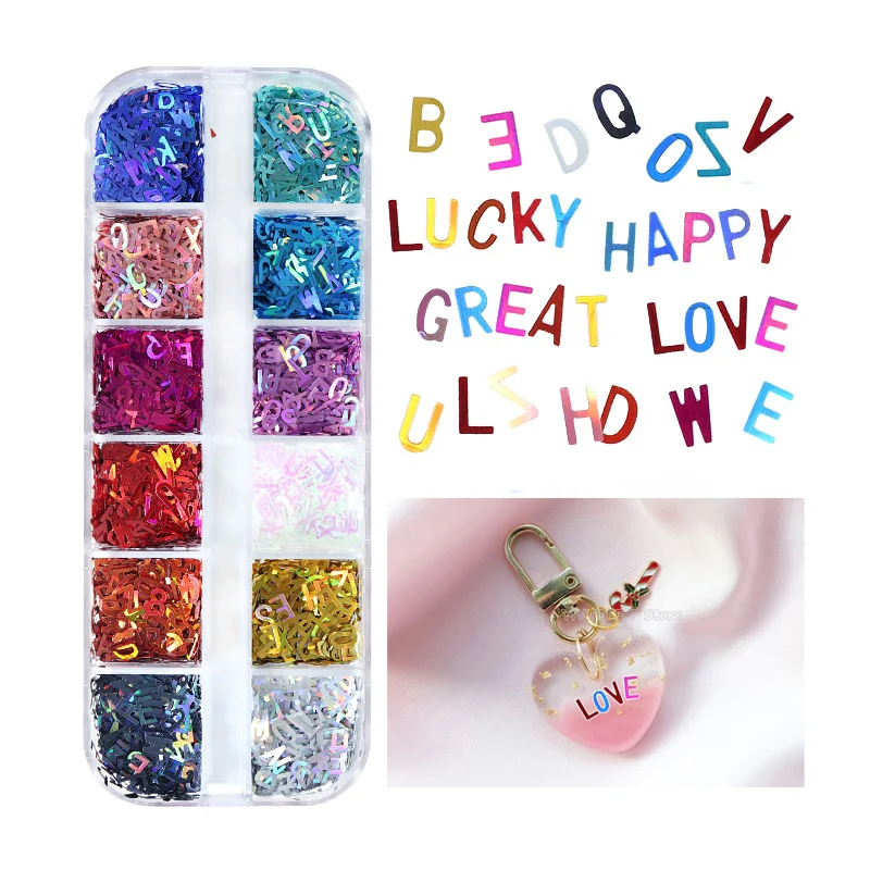 Holographic Glitter English Alphabet Flakes Resin Epoxy Mold Laser Letter Resin Sequins Fillings for Silicone Mold Handmade DIY