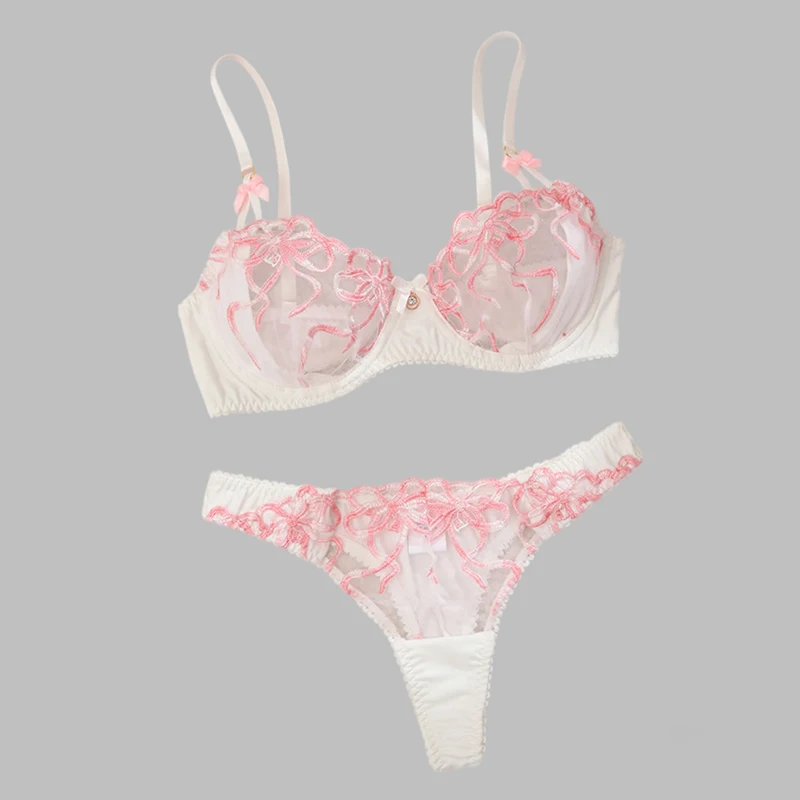 

Sexy Lingerie Pink Bow Lingerie Set Floral Embroidered Mesh Underwear Women See Through Intimate Lingerie Three-Point Bra Set
