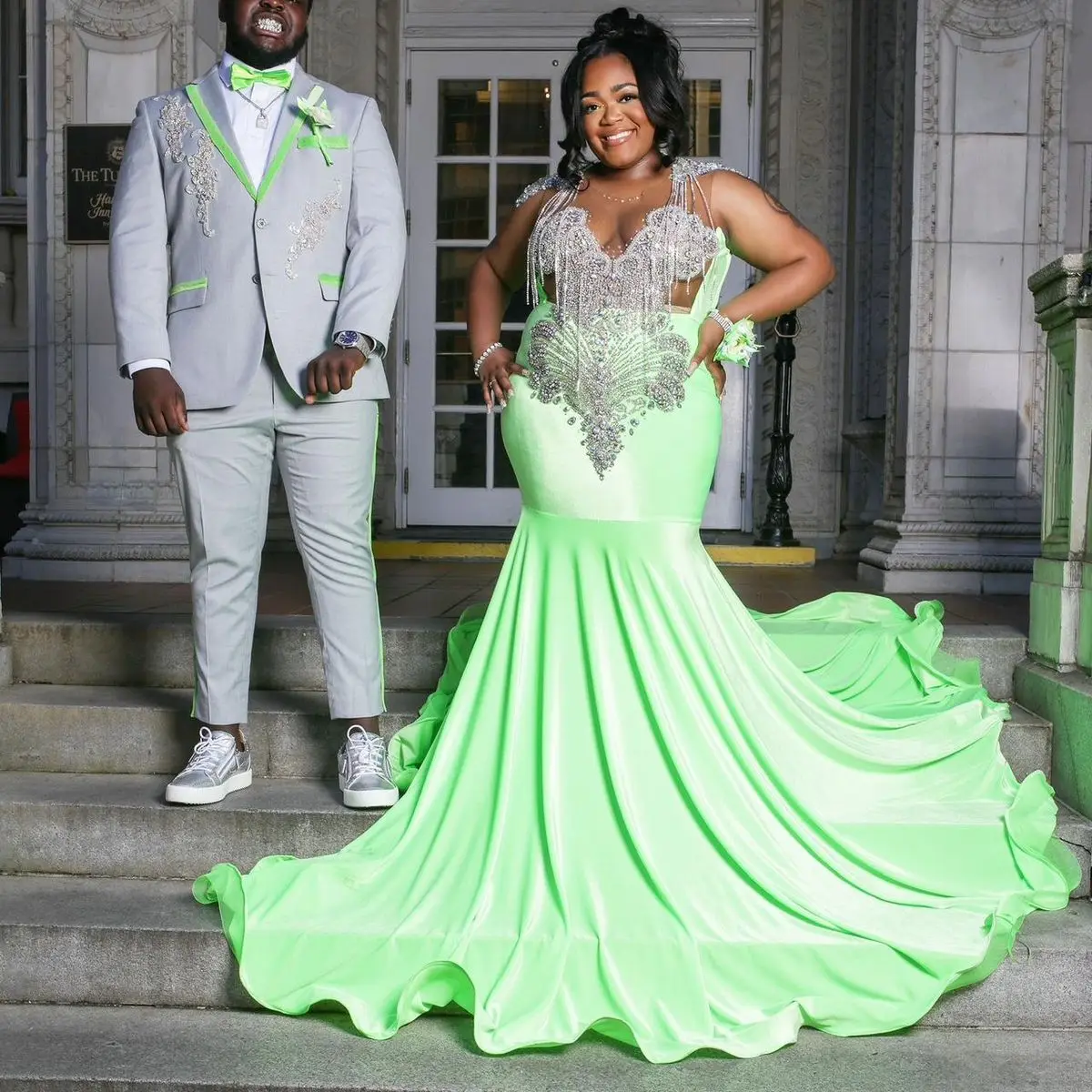 

Mint Green Crystal Mermaid Prom Dresses Long for Women 2026 Diamond Crew Neckline Formal Evening Gowns Customized