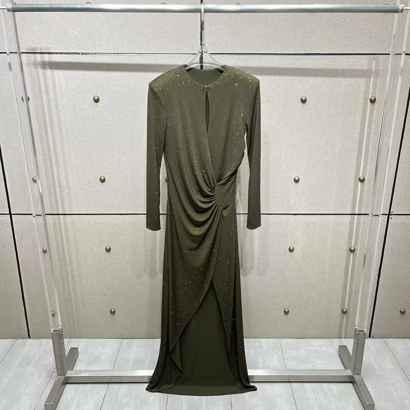 

Women's Garden Collar Long-Sleeve Split Skirt Dress Pleated Rhinestone-Embellished Dress High-Quality Banquet Gown 2026 Spring