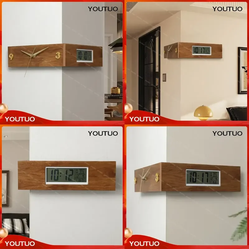 Double Sided Walnut Corner Clock Living Room Dining Room Wall Mounted LCD Digital Timepiece Modern Office Home Decor