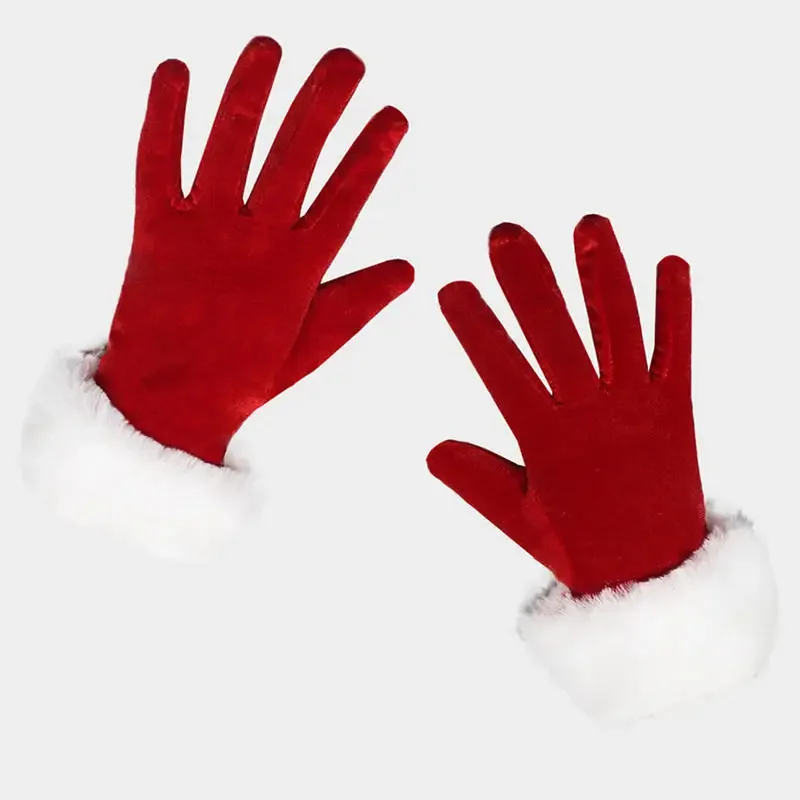 サンタクロース手袋白い毛皮仮装パーティーショートレッドサンタフルフィンガーグローブクリスマスお祝いコスチュームアクセサリーミトン