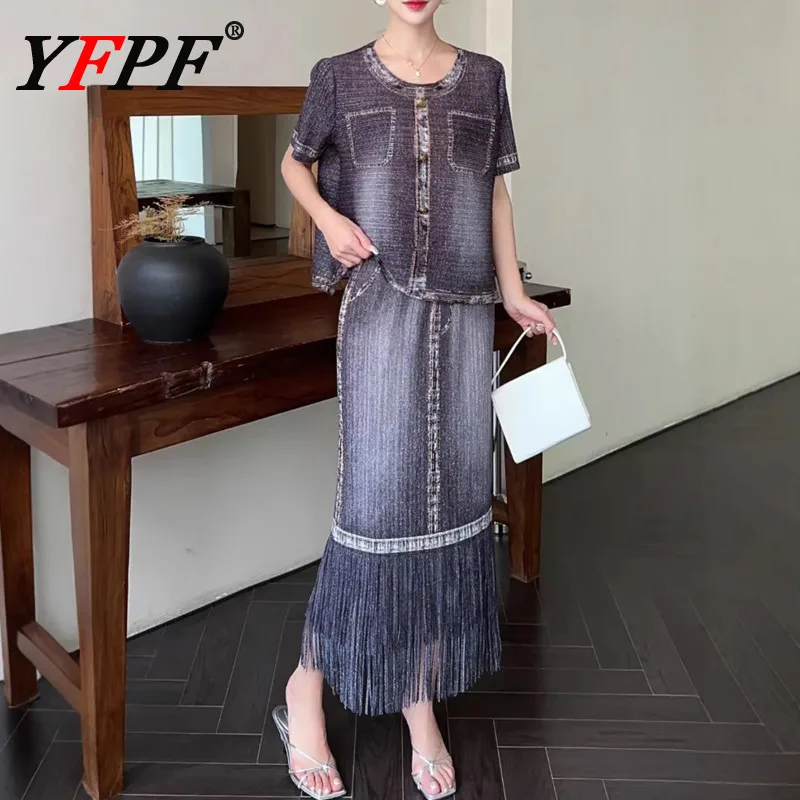 

YFPF Fashion Gradient Denim Color Two Piece Set Women Miyake Pleated Short Sleeve Tops + Tassel Design Skirt Elegant 2025 New