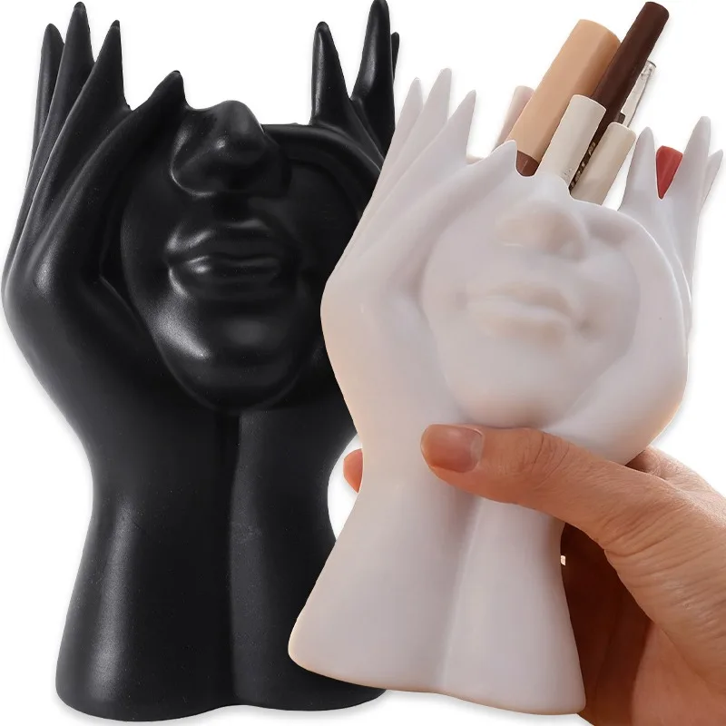 

2/1Pcs Abstract Face Makeup Brush Holder Desktop Organizer for Eyebrow Pencil Eyeshadow Office Decoration Black and White Vase