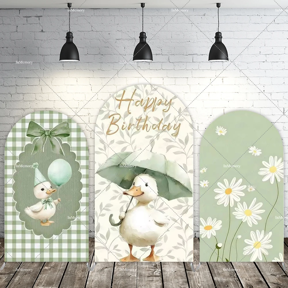 Cute One Silly Goose Arch Backdrop Cover Baby 1st Birthday Party Decor Green Plaid Striped Kids Photo Photography Background
