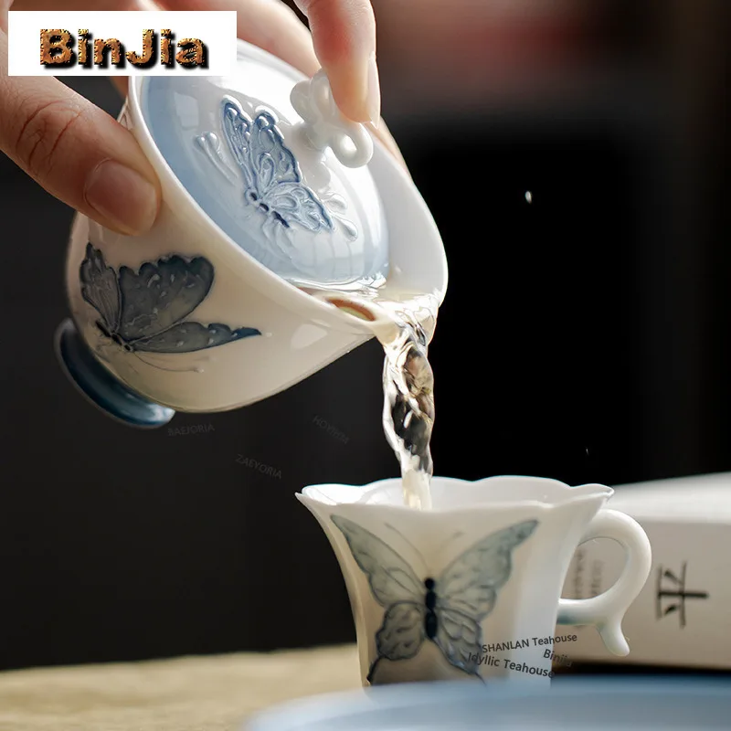 BAEJORIA 100ml Gradient Ramp Hand-painted Butterfly Gaiwan Elegant Tea Tureen Tea Bowl With Lid Kit Tea Making Cover Bowl Craft