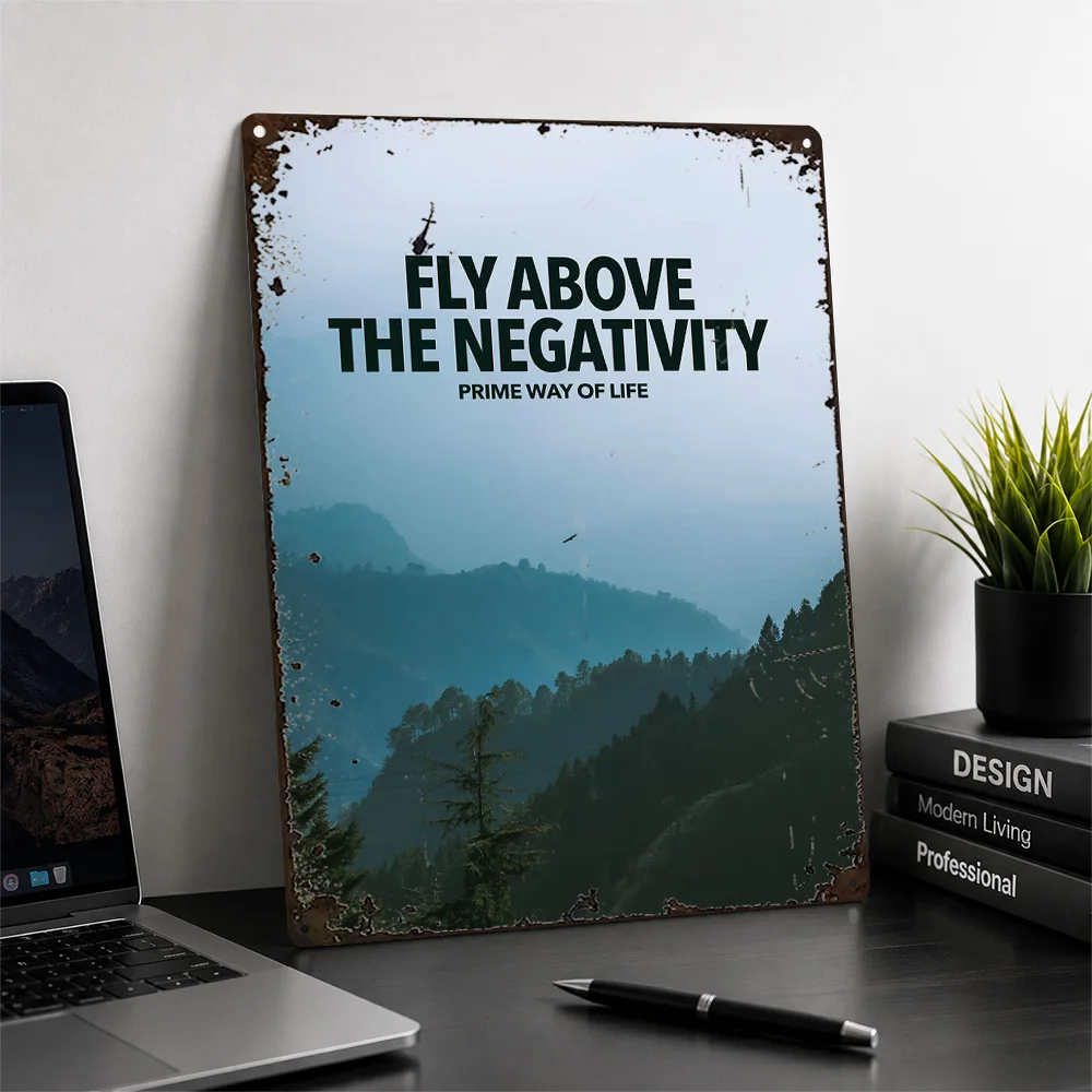 Fly Above Negativity Landscape Textured Metal Poster Typography Wall Art For Study Customized Aluminum Sign Encouragement Gift