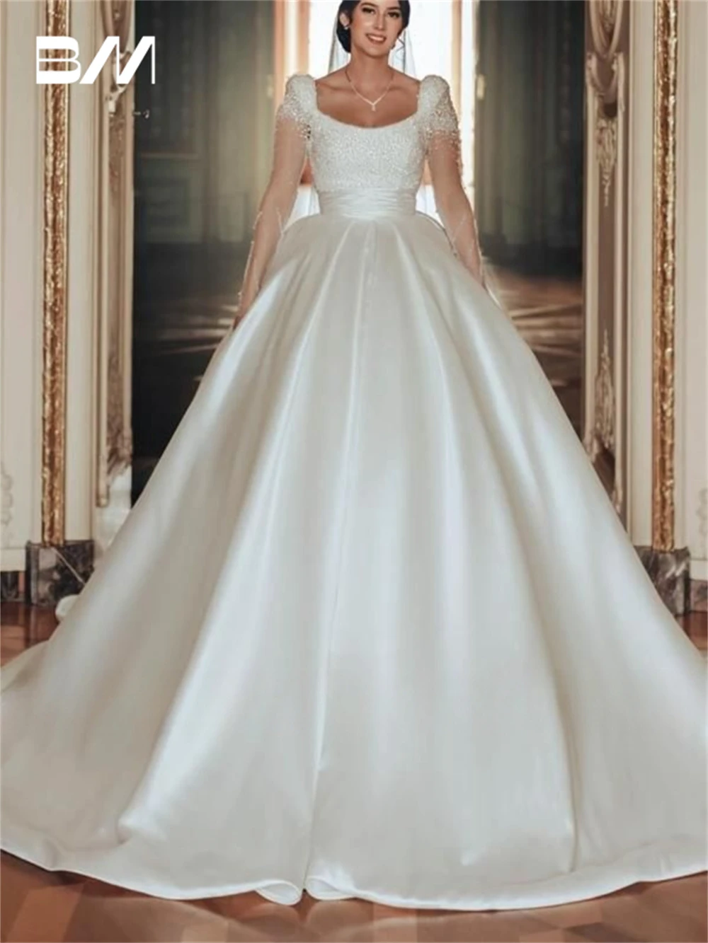 Princess Satin Wedding Dress Ball Gown Rhinestones Customized Large Train Bride Dresses Full Illusion Sleeves Bridal Gown