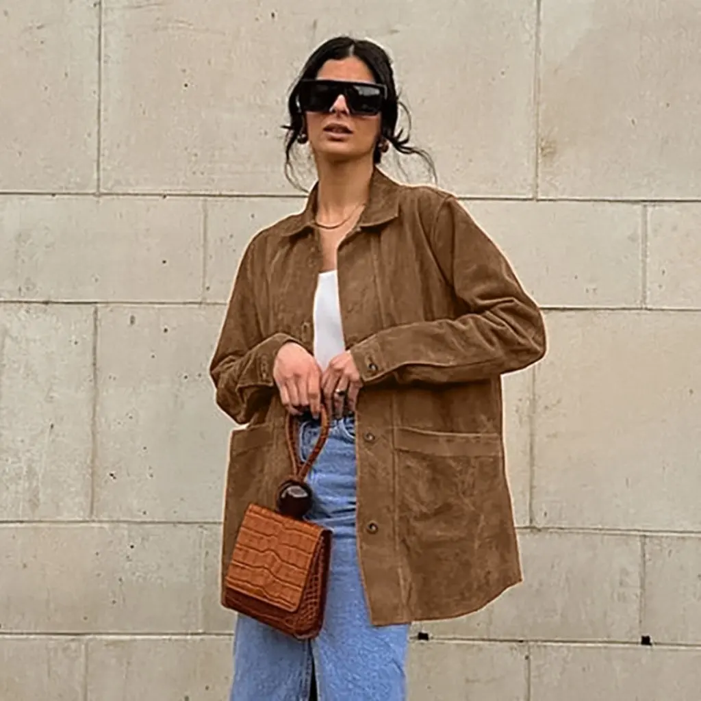 

Women's Maillard Brown Suede Coat Loose Fit Lapel Design Autumn Outerwear European And American Style Women's Clothing