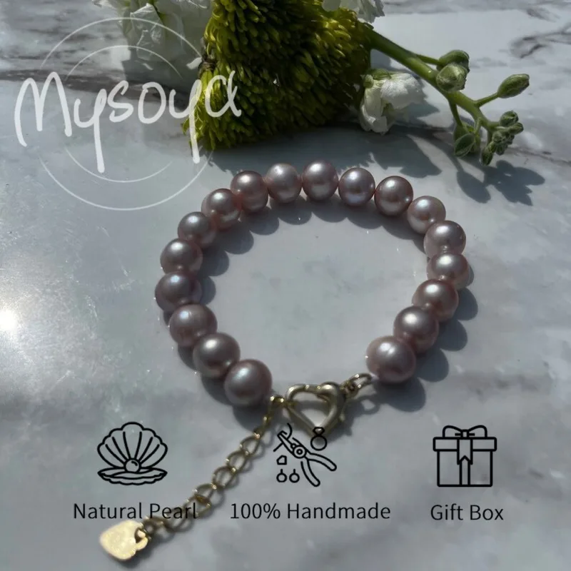 

MYSOYA 9-10 мм натуральный фиолетовый браслет из пресноводного жемчуга для женщин и мужчин с подарочной коробкой идеальный подарок на день рождения, свадьбу, ювелирные изделия