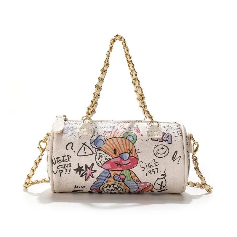 Bag for Women 2023 New Bear Graffiti Mini Cylinder Bag PU Leather Chain Crossbody Full Match Women Shoulder Bag Bolsos Vintage