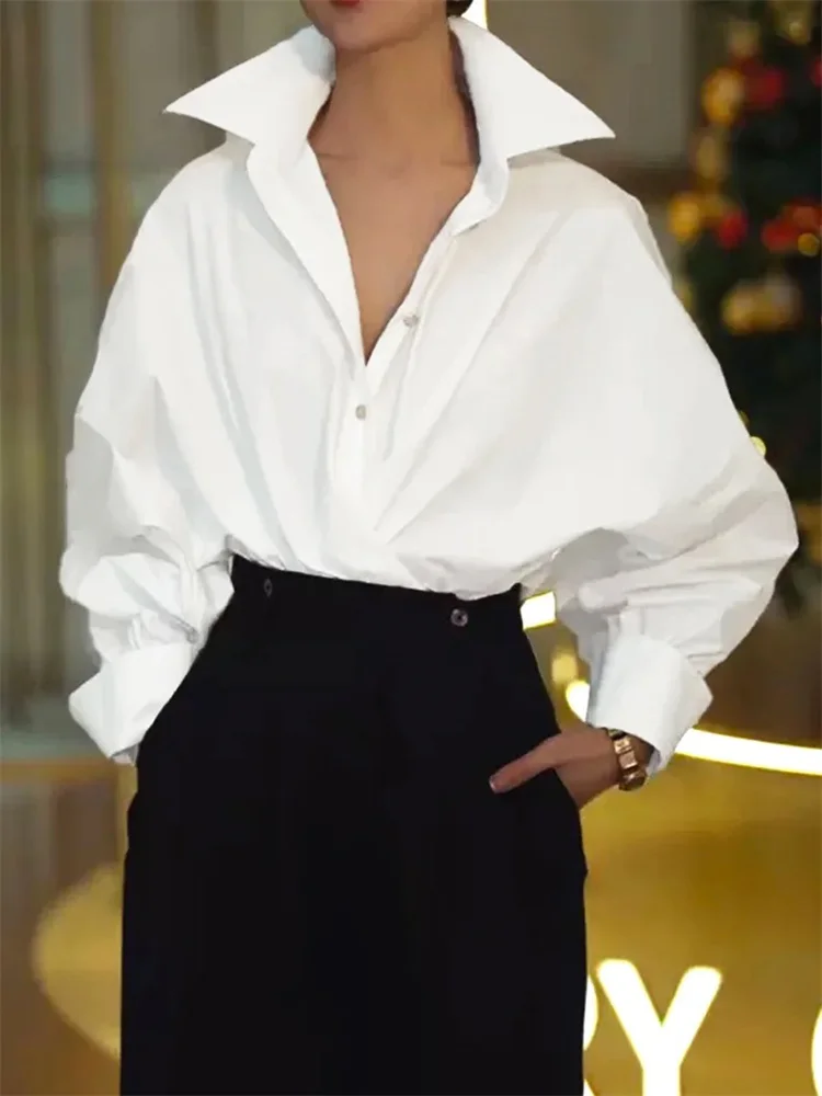 Uoozee camisas brancas para mulheres 2025 novas mangas compridas abotoadas cor sólida urbano casual minimalista lapela blusas roupas femininas