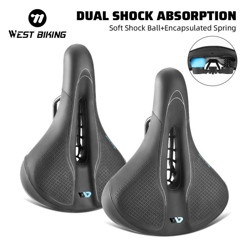 WEST BIKING MTB Comfortable Saddle Dual Shock Absorber Seat Cushion Soft Shock Ball Sealing Spring Saddle With LED Taillight