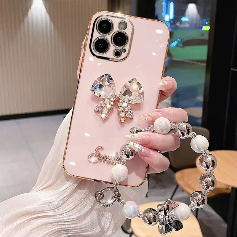 

10PCS For Iphone 11 12 13 14 15 Pro Plus Max Luxury Crystal Bow Diamond Bracelet Pearl Wrist Soft Case