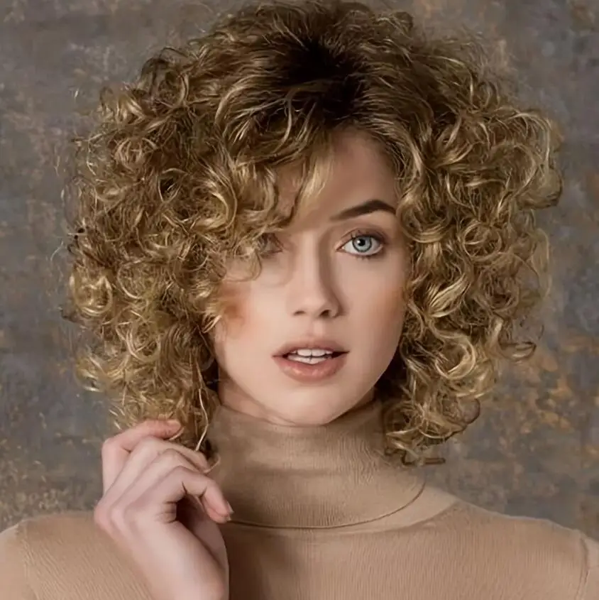 Women's Elegant Short Curly Wig with Bangs Versatile Blonde Brown for Cosplay