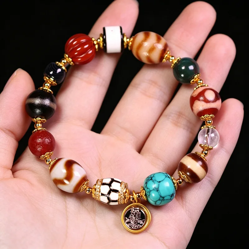 5A Grade Natural Tibetan Agate With Patterns, Three-Eyed Dzi Beads, Single-Strand Bracelet, Approximately 12X14M