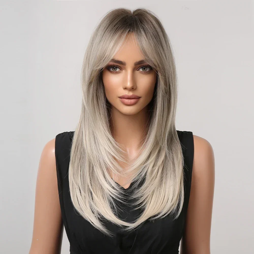 

Long Straight Layered Wigs Highlight Wig with Bangs Cosplay Daily Use Natural Hair Heat Resistant Wig for Women wig with bangs