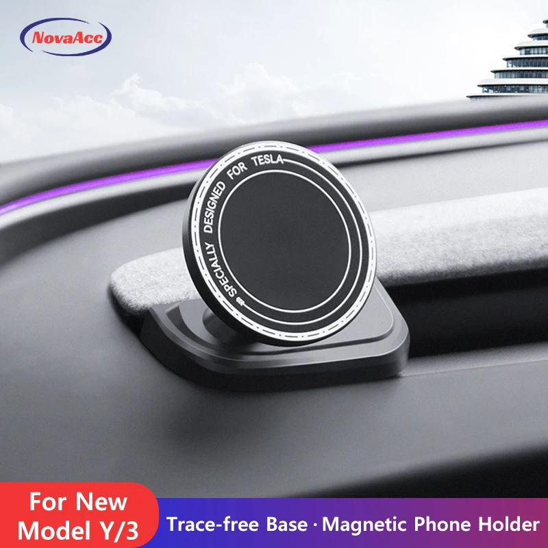 

NovaAcc Base Magnetic Phone Holder For Tesla Model Y Juniper 2025 Model 3 Highland 2024 2025 ABS Rotatable Bracket Car Mount