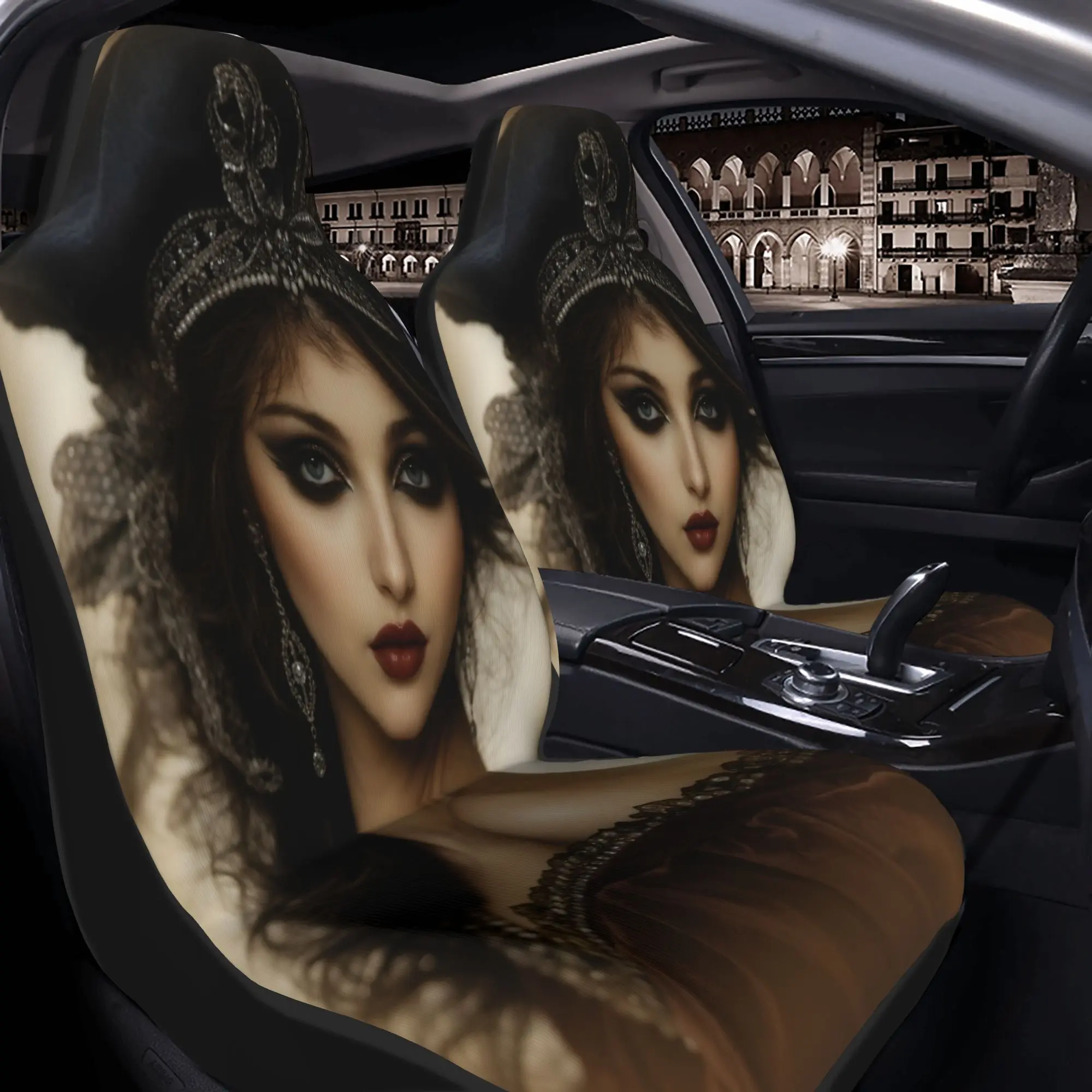 Set Of 2 Classy Vintage-Style Images Featuring A Woman Wearing An Elaborate Hat And Dark Clothing. These Car Seat Covers Fit For